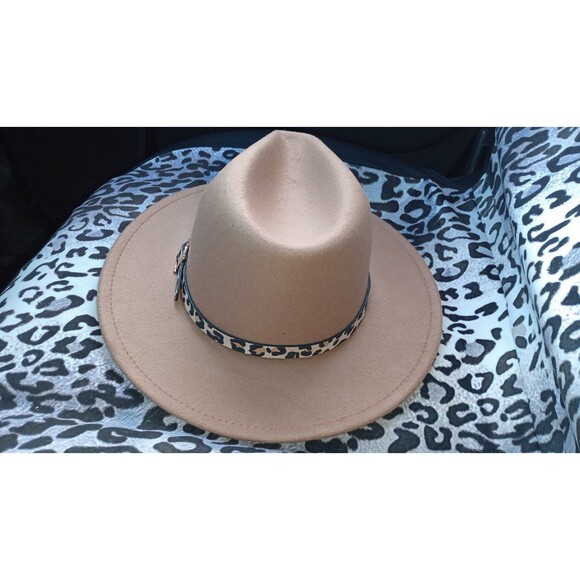 New! Women's Wide Brim Felt Fedora Panama Hat with Leopard Print Buckle - Picture 6 of 9